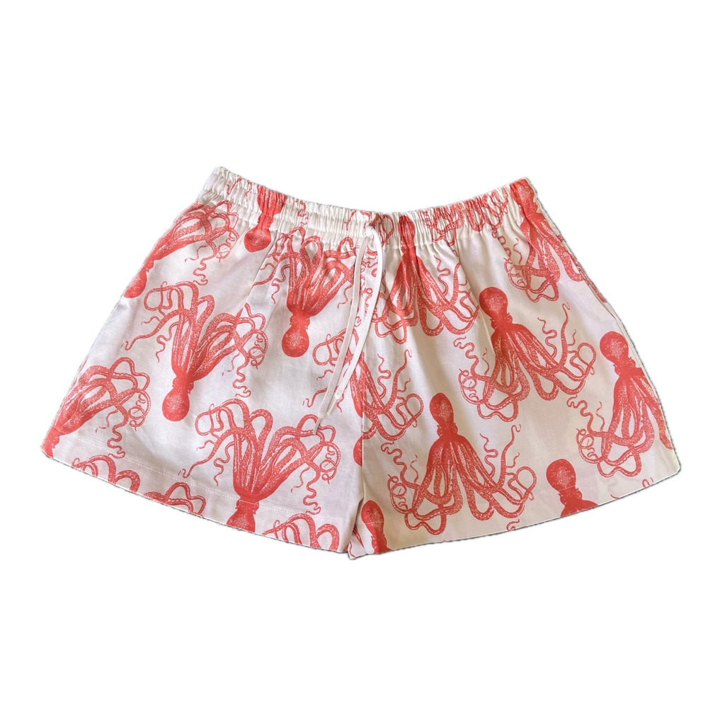 Handmade Orange Octopus Linen Blend Shorts Cream Nautical Beach Pockets Sz M